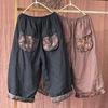 Женские винтажные льняные широкие брюки с эластичной резинкой на талии и лоскутными карманами, осенние однотонные женские брюки длиной до икры