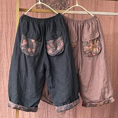 Женские винтажные льняные широкие брюки с эластичной резинкой на талии и лоскутными карманами, осенние однотонные женские брюки длиной до икры