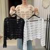 2025 Summer See Through Hollow Knitted Sweater Women's Crochet Lace Sunscreen Blouse New Loose Thin Shirt O Neck Covers Up Sexy Short Top 3663