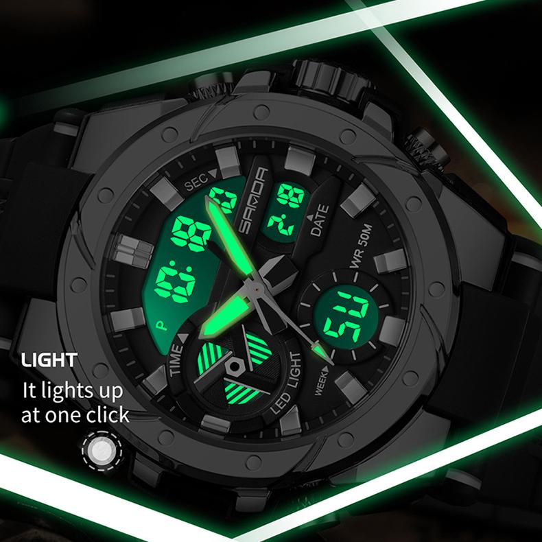 SANDA модные многофункциональные уличные водонепроницаемые электронные часы в стиле милитари с подсветкой