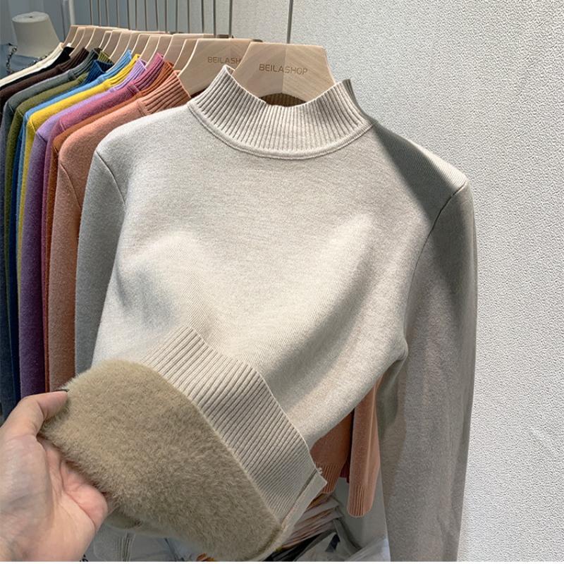 Свитер-пуловер из бархата с полувысоким воротом для женщин, осенне-зимний, толстый, плюшевый, теплый, вязаный, женский, винтажный, облегающий, повседневный, вязаный джемпер 25271