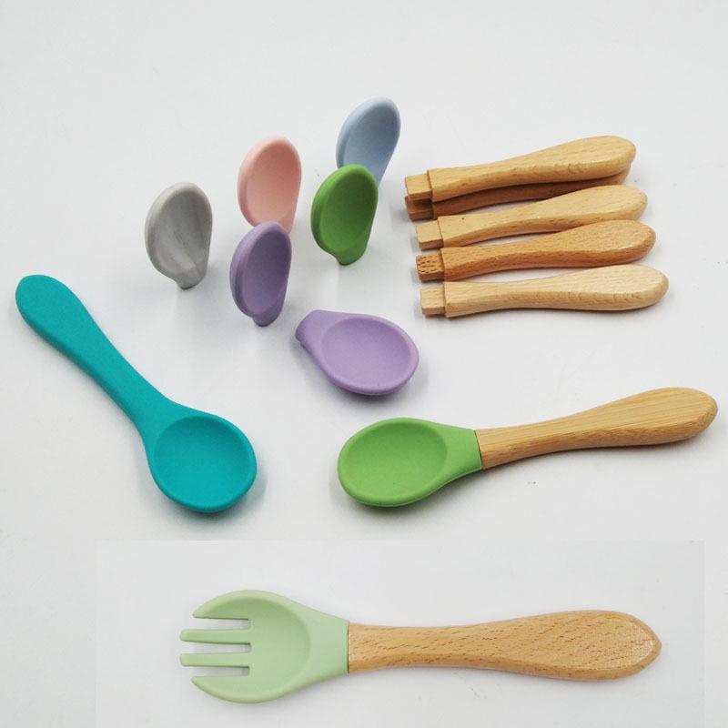 Children's Wooden & Silicone Feeding Set: Baby Training Bowl, Spoon, Fork, and Food-Grade Soup Spoon.