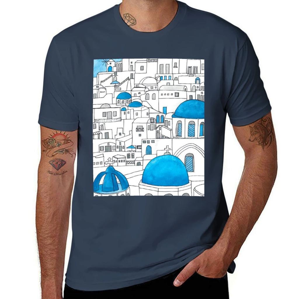 Santorini Blue And White Paradise Tshirt Big Size Crew Neck Tshirt