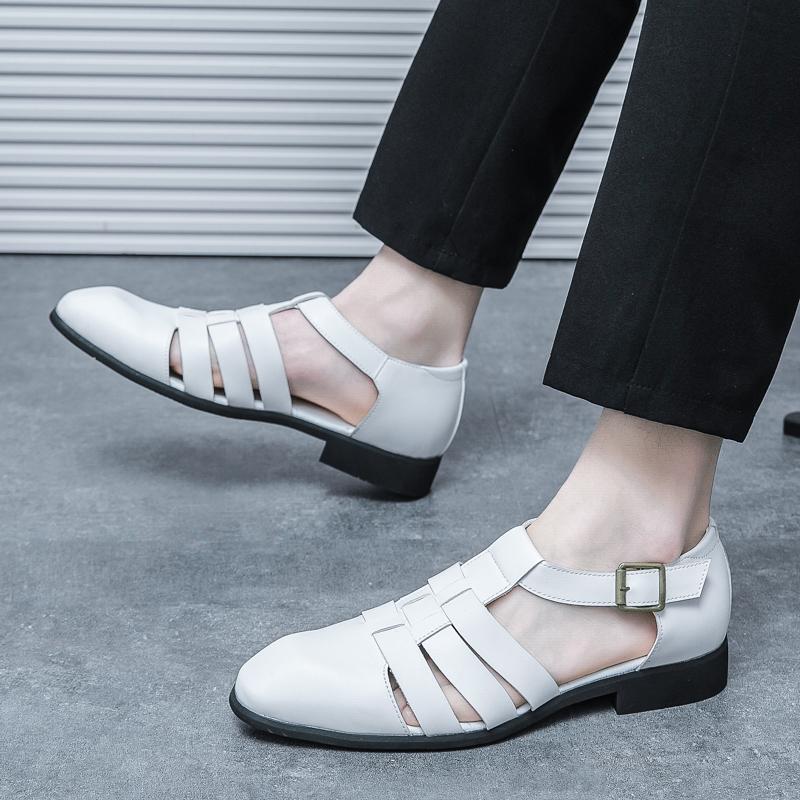 New Men Roman Sandals PU Woven Solid Color Low Heel Buckle Comfortable Breathable Business Formal Sandals Large Size 38-46