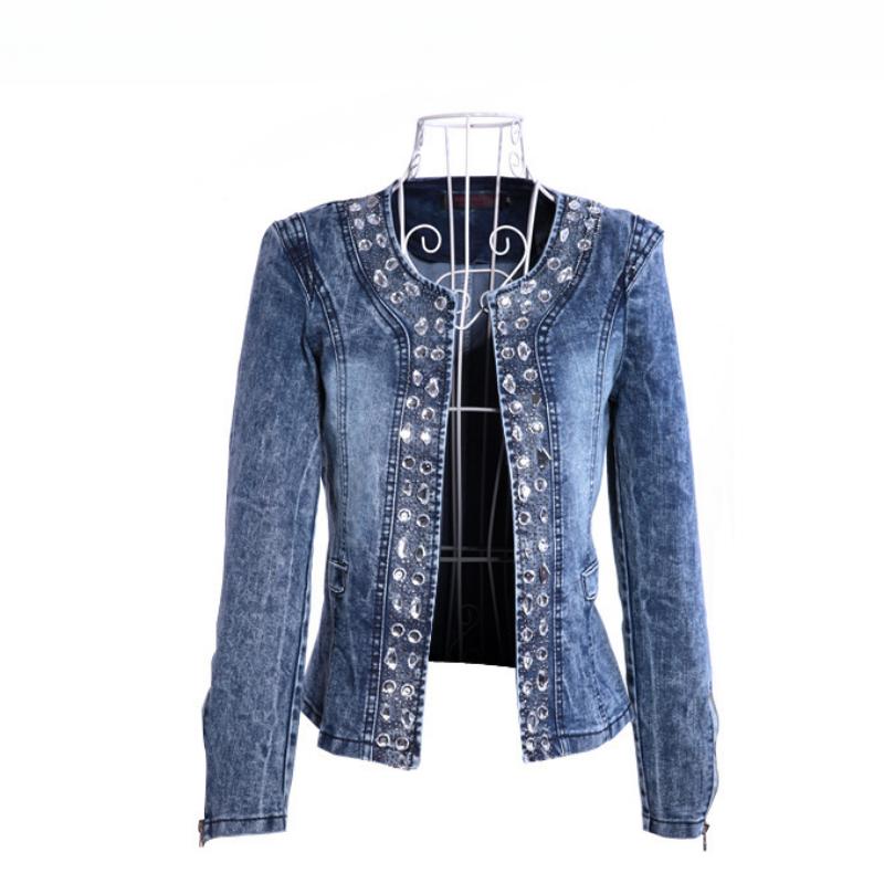 Весенняя и осенняя одежда, короткая джинсовая куртка в стиле ретро со стразами и пайетками из эластичного денима