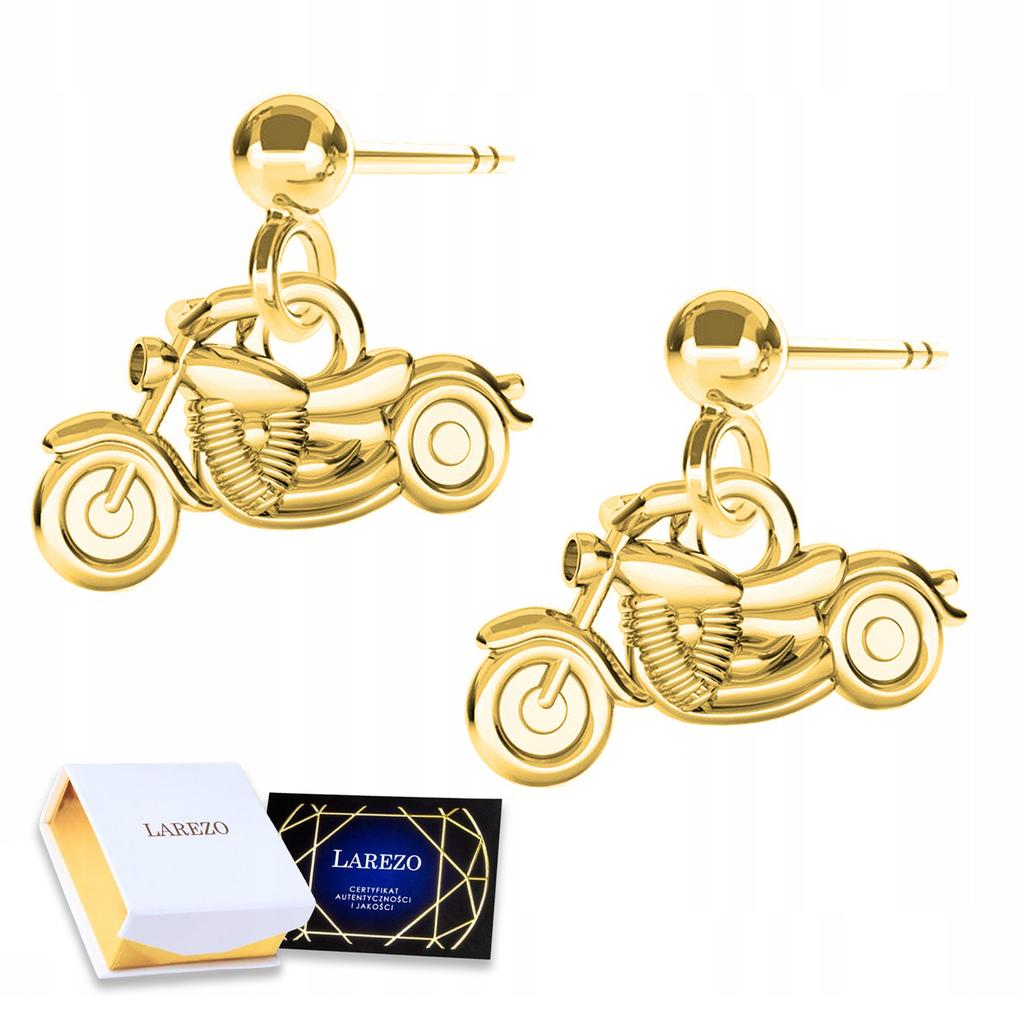 Złote Kolczyki Motocykl Harley Motor Sztyft Z Motocyklem Srebro 925