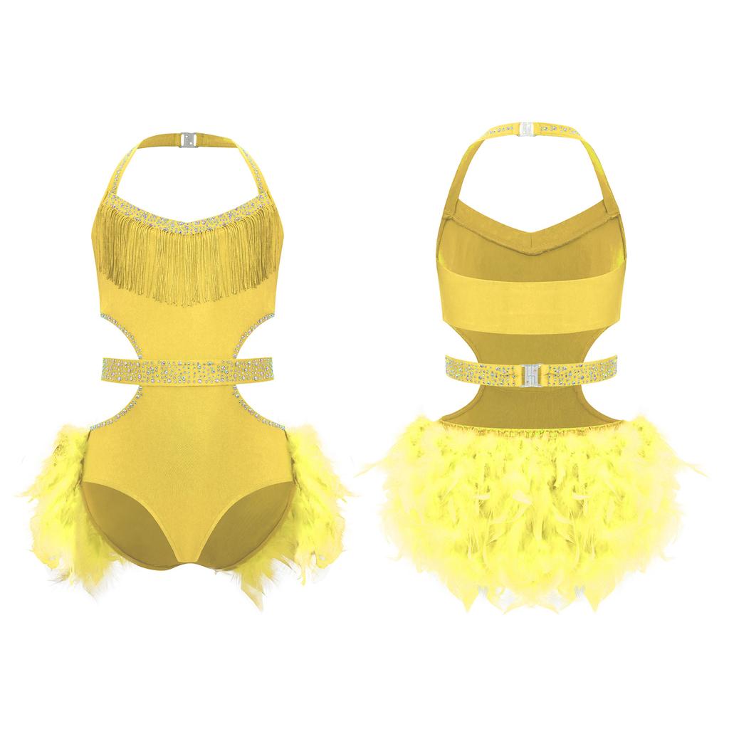 Girls Performance Leotard Halter Sleeveless Cutout Back with Feather Skirt Latin Dancewear
