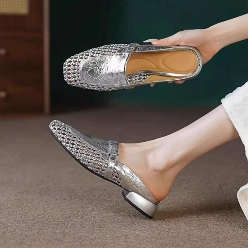 2025 New Cut Outs Women Slippers Weaving + Genuine Leather Fashion Slip On Mules Female Shoes Summer Casual Daily Shoes
