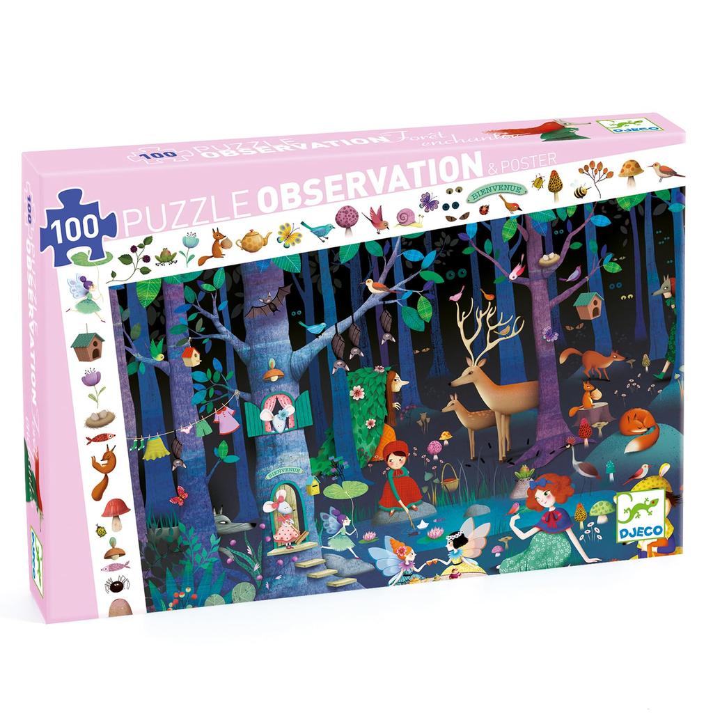 DJECO Enchanted Forest Observation Puzzle, 100-Piece Jigsaw Puzzle, Picture Search Game, Hidden Objects, Educational Toy, Montessori Style, for Girls