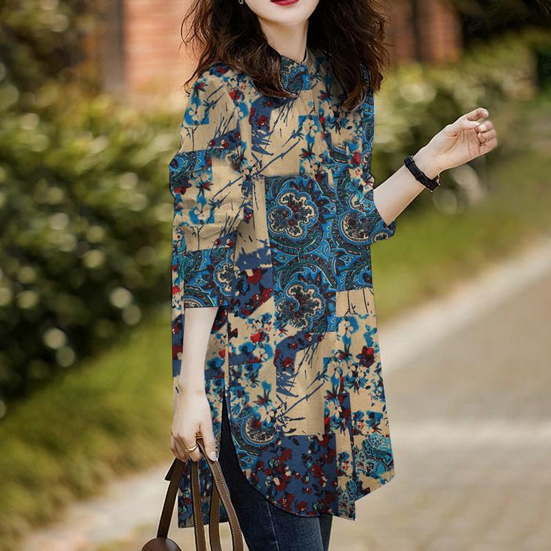 ZANZEA Женская повседневная хлопковая блузка с круглым вырезом и длинным рукавом с цветочным принтом