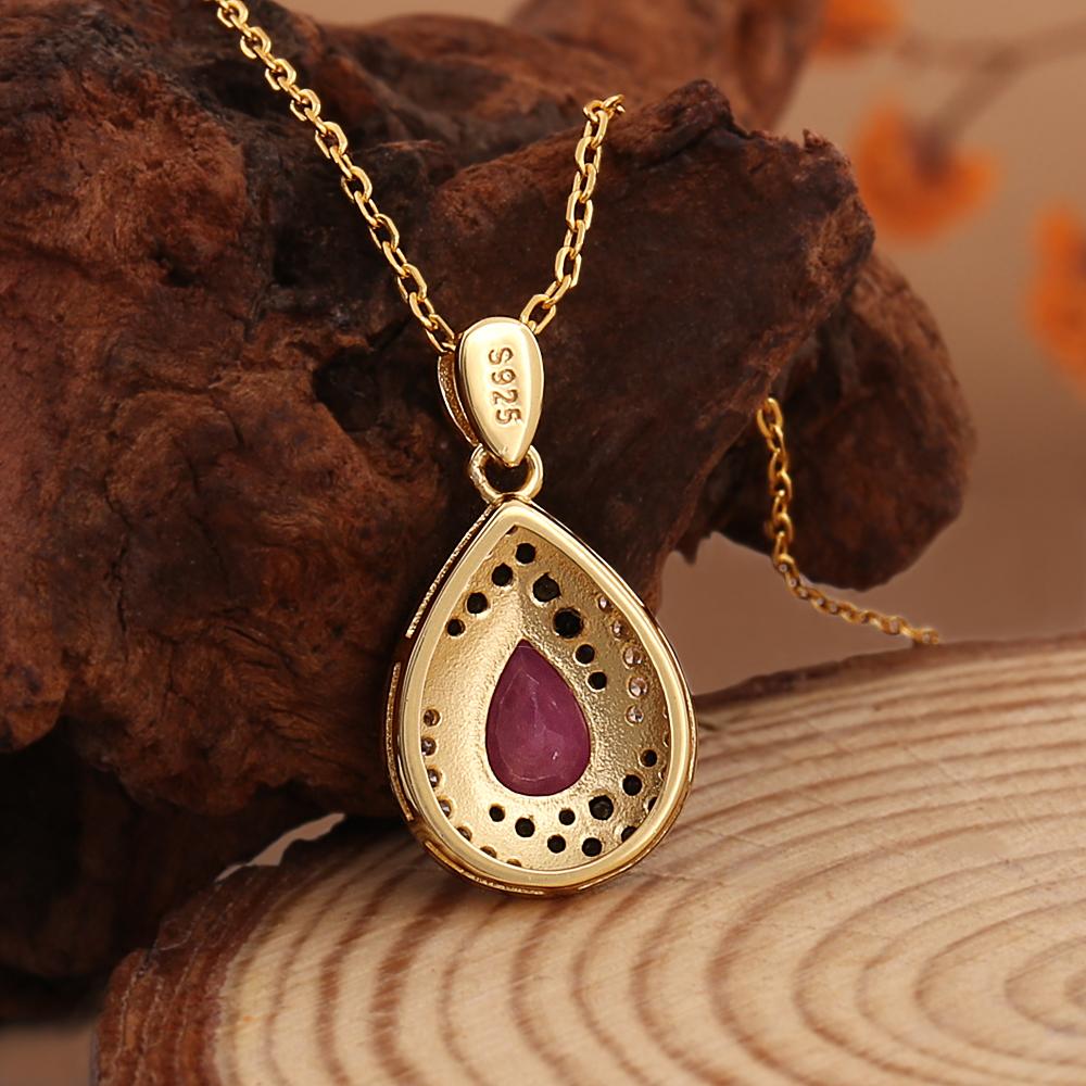 Vintage 925 Sterling Silver Women's Necklace Natural Pear 5*7mm Ruby Real Gemstones Pendant Luxury Fine Jewelry for Banquet Wear