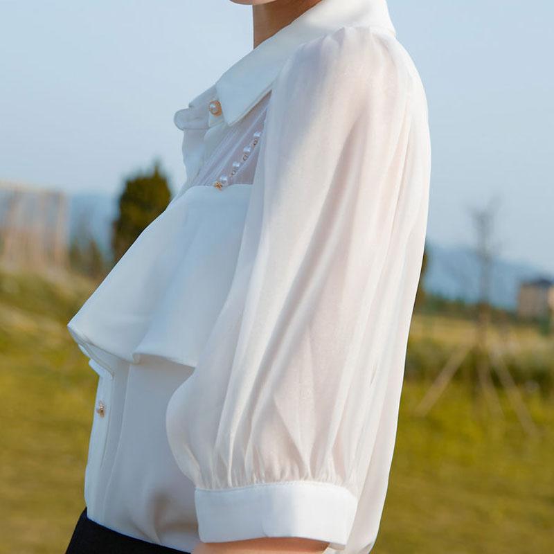 Корейская однотонная рубашка Стильная жемчужная цепочка Офисная леди Летняя новинка Рюши вставками Женская шикарная Однобортная Блузка-поло с отложным воротником