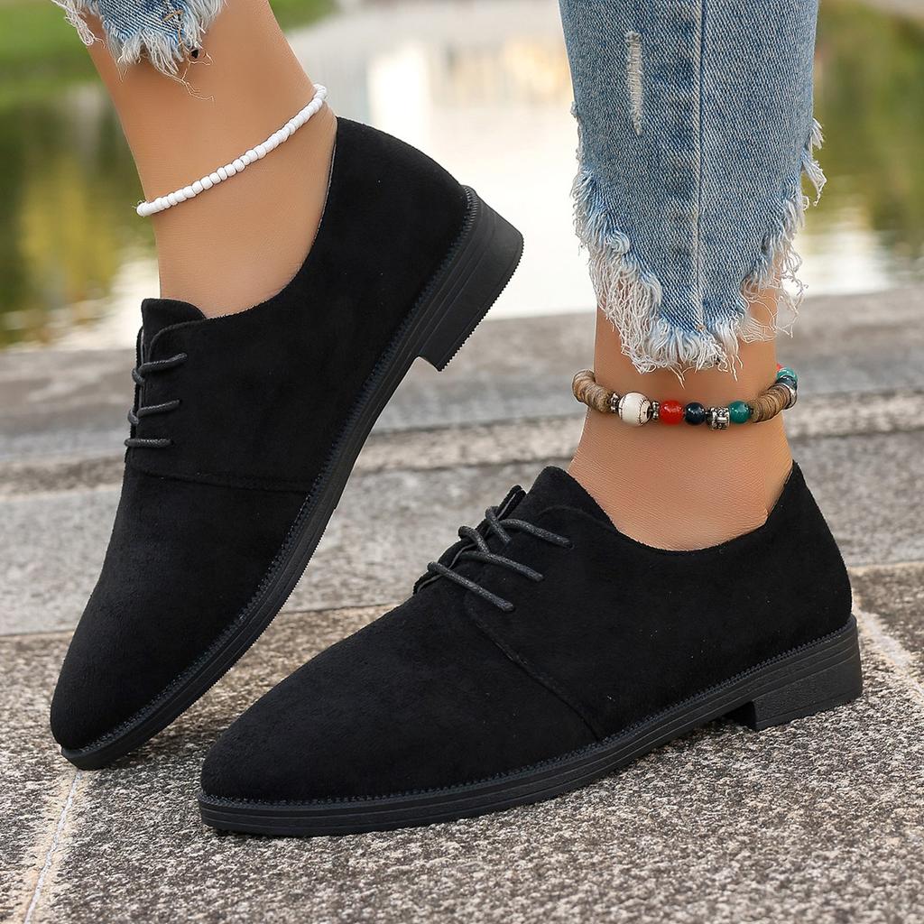 Мода Ретро Женские Балетки Повседневные Замшевые Однотонные Одинарные Туфли Женские На шнуровке с Острым Носком Обувь Весна Осень Толстый Каблук Мокасины