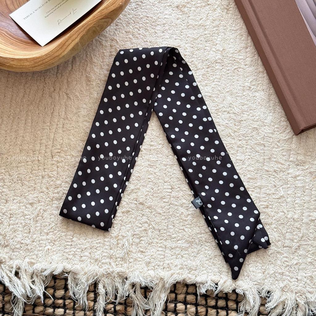 Korean Polka Dot Silk Scarf: Black & White Long Ribbon for Women