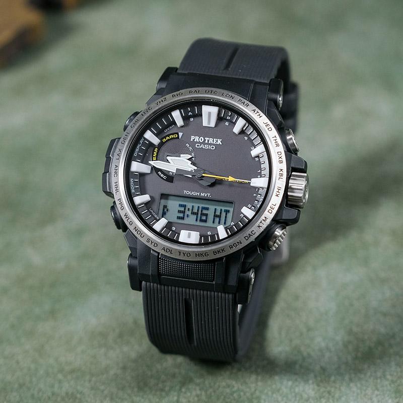 Casio Серия PRO TREK-Дисковый двойной дисплей Классический Наручный Питание от солнечной энергии Альпинизм Светящийся Многофункциональный Солнечный механизм Ремешок из смолы Японский PRW-61-1APR