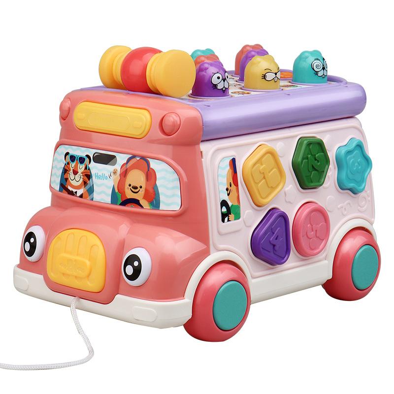 Music Activity Bus Baby Toy with Sound & Light Shape Sorter Whack-a-Mole Toys Interactive Game Cartoon School Bus for Kids