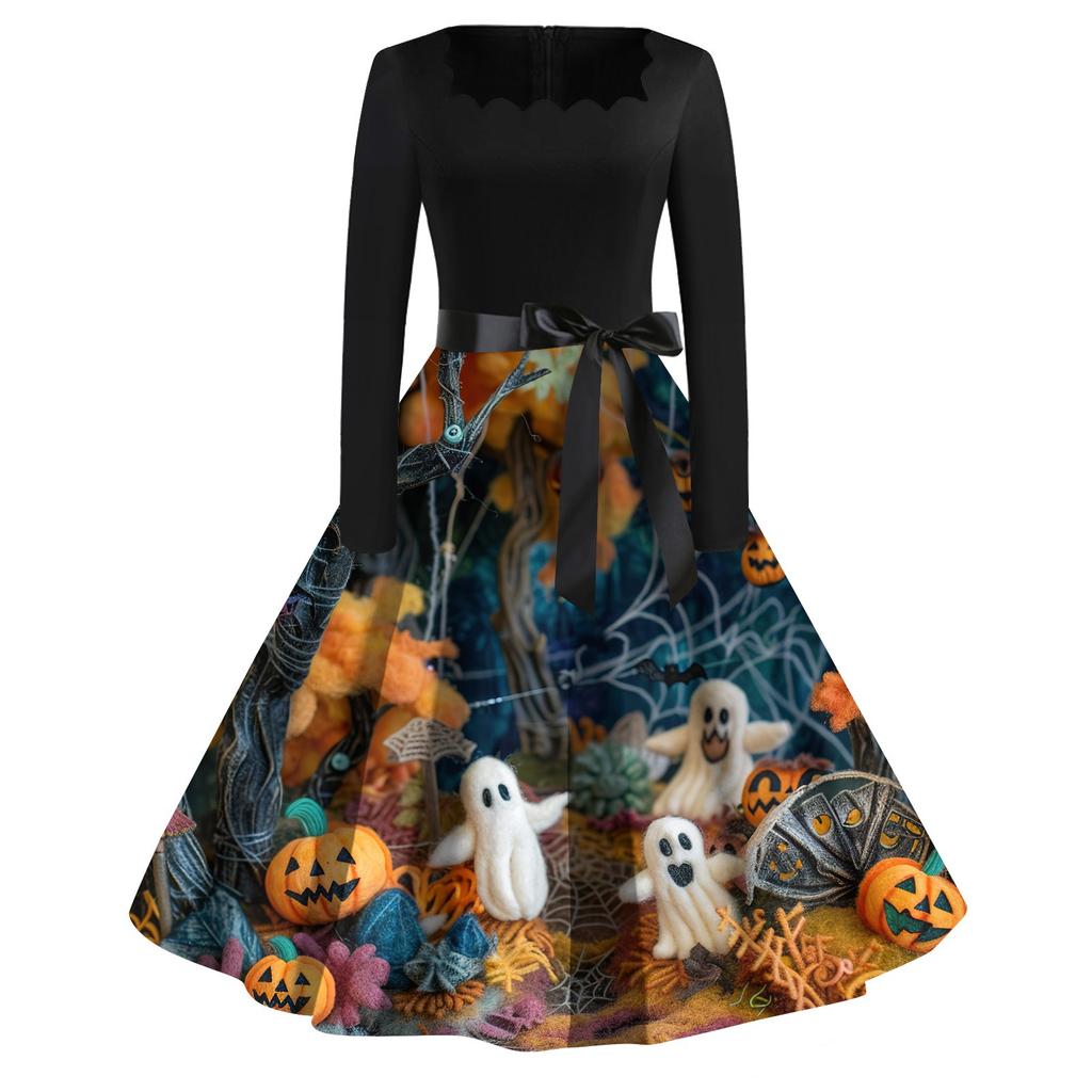 Женское повседневное модное платье винтажного стиля с квадратным вырезом и принтом на Хэллоуин