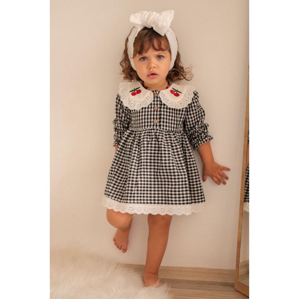 Baby Girl Red White Gingham Cherry Embroidered Ruffle Collar Dress