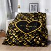 Black White Gold Paw Print & Heart Flannel Blanket, Soft Cozy Warm Throw for Bed Sofa Couch, Lightweight All Season Plush Cover