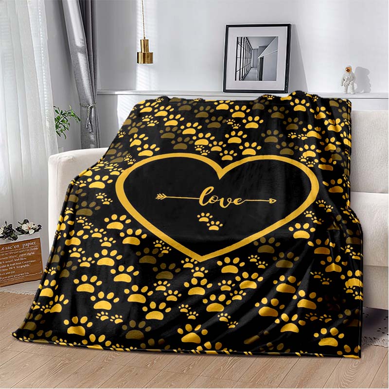Black White Gold Paw Print & Heart Flannel Blanket, Soft Cozy Warm Throw for Bed Sofa Couch, Lightweight All Season Plush Cover