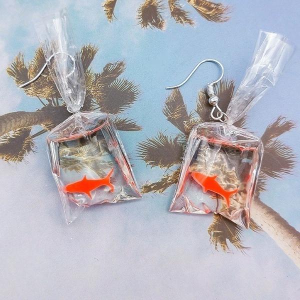 Серьги из смолы с имитацией мешка для воды и золотой рыбки, милые серьги-подвески ручной работы с золотой рыбкой и конфетами в виде мешка своими руками