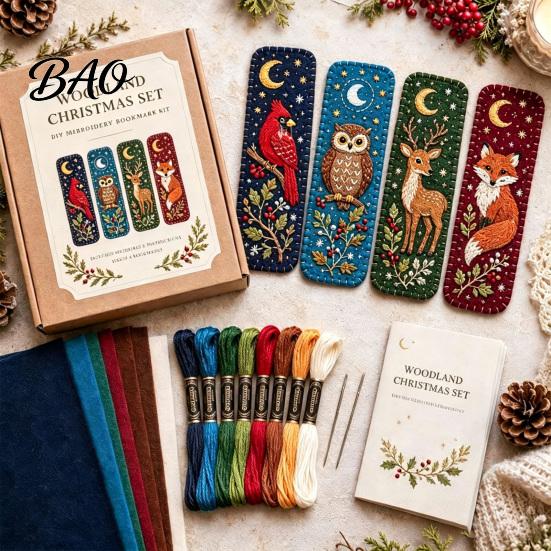Retro Christmas Pattern Ornaments DIY Felt Embroidery Bookmark Kit, Woodland Animal Pet Craft Beginner Friendly Sewing Crafts Holiday Themed