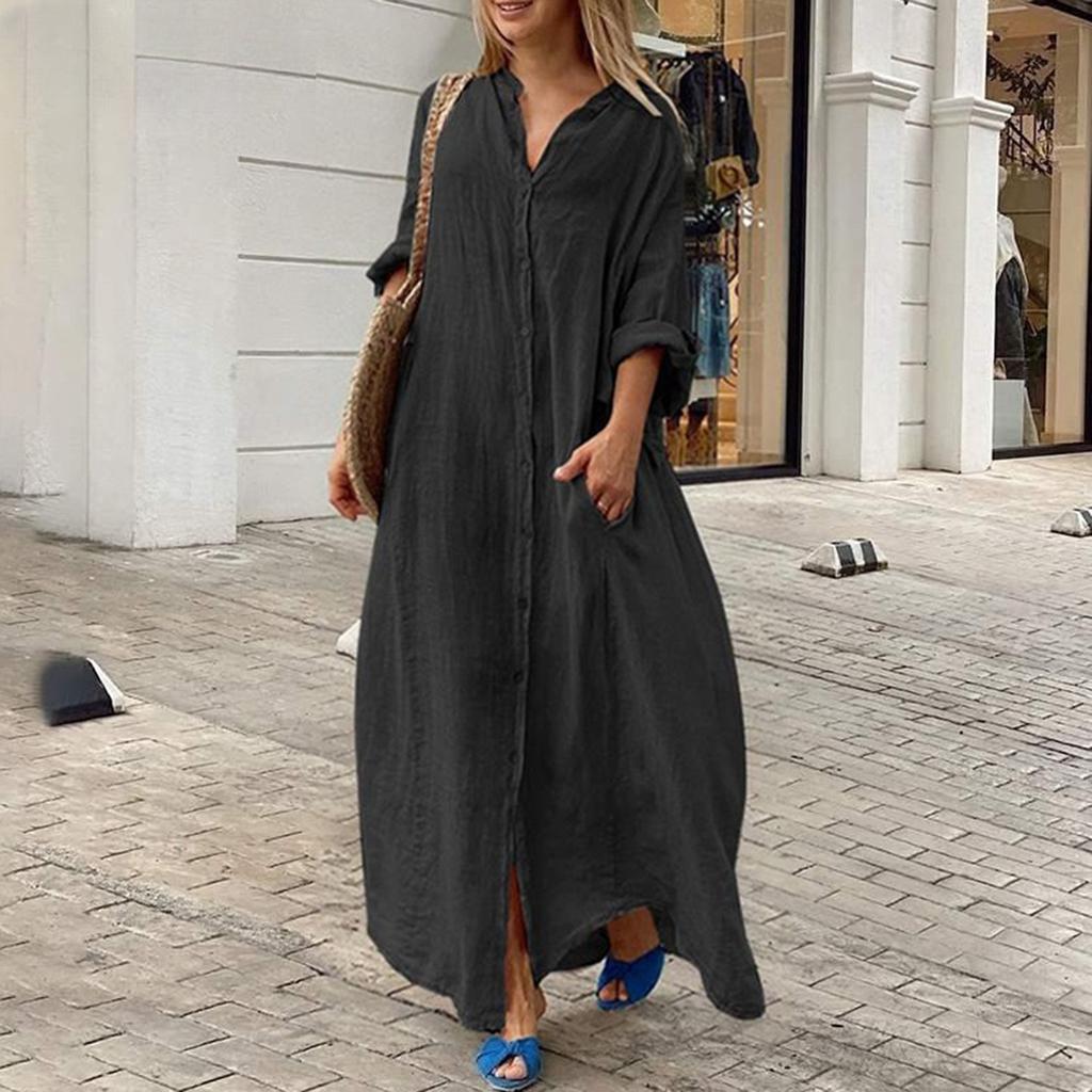 Women's Fashion Casual Pocket Solid Color Long Dress Casual Cotton Hemp Large Dress
