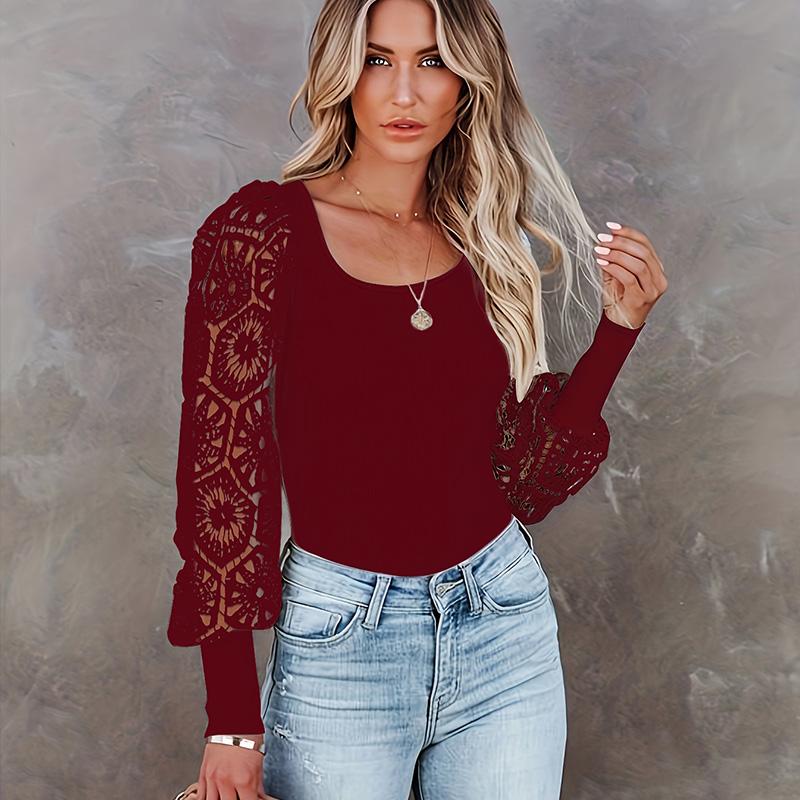 Женская весна-осень с пышными рукавами и U-образным воротником, кружевной полый пуловер, футболка, топ