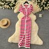 Summer Women Casual V-neck Striped Knitted Sweater Long Maxi Split Slim Bodycon Sheath Dresses