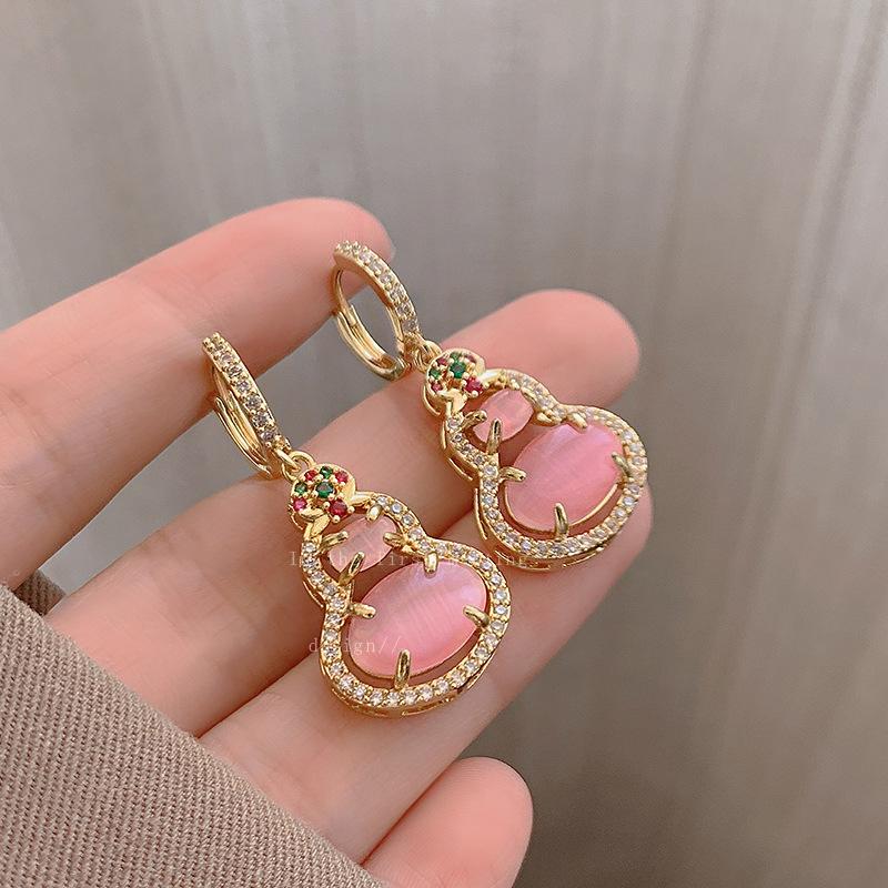 Real gold electroplated zircon gourd pendant ear buckle new versatile earrings light luxury high-end earrings women