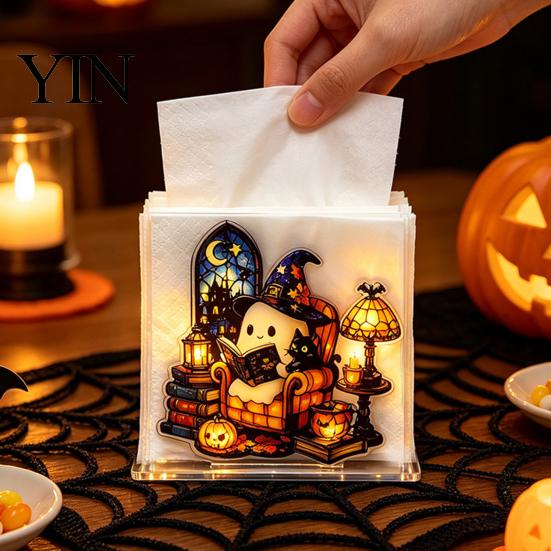 Festive Table Centerpiece Halloween Ghost Napkin Holder, Acrylic Stained Glass Style Stand, Decorative Tissue Dispenser Freestanding Paper for Kitchen