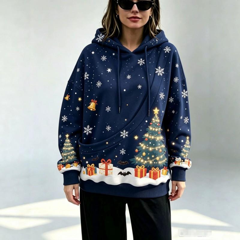 Womens Oversized Christmas Hoodie With 3D Print Loose Fit Large Slant Pockets Long Sleeve Holiday Party Casual Wear