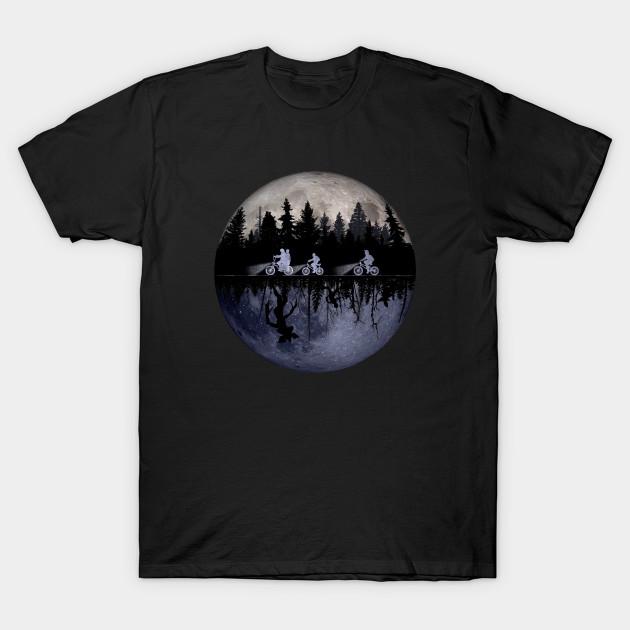 Asian Size Men Black Print T-shirt Stranger Things The Upside Down Moon Graphic No-Cut Heat Transfer Print Cotton Tshirt