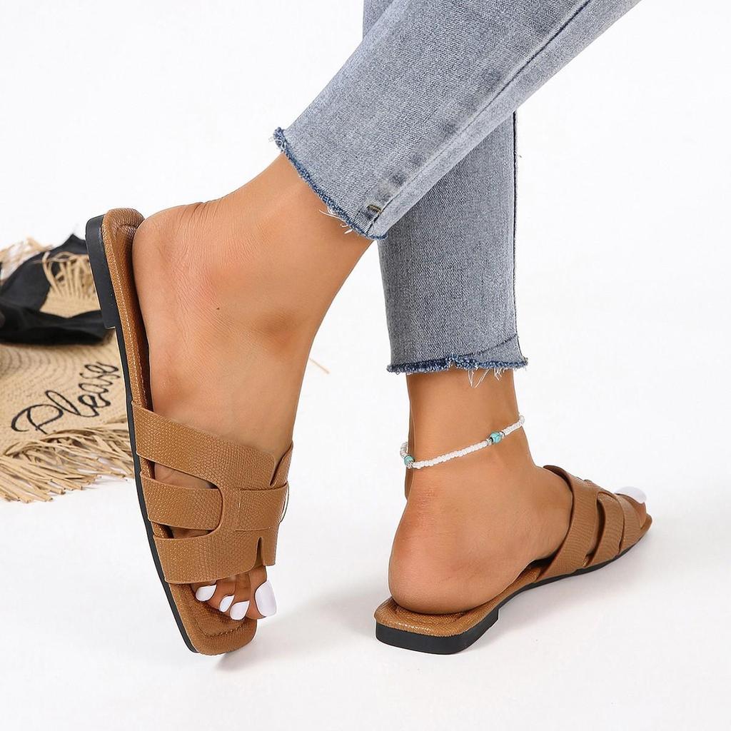 Women's Solid Color Square Head Slip-On Slippers - Breathable, Flat Design for Home, European & American Style