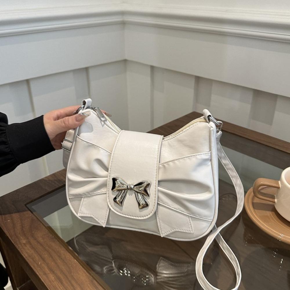 PU Leather Square Pleated Handbag Underarm Bow Armpit Bag Fashion Bowknot Shoulder Bag Work