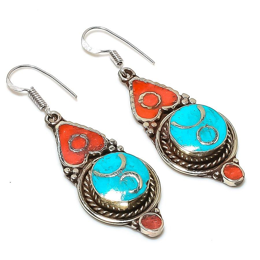 Natural Tibetan Turquoise, Coral Gemstone Handmade Jewelry Earring 2.17" u0R35