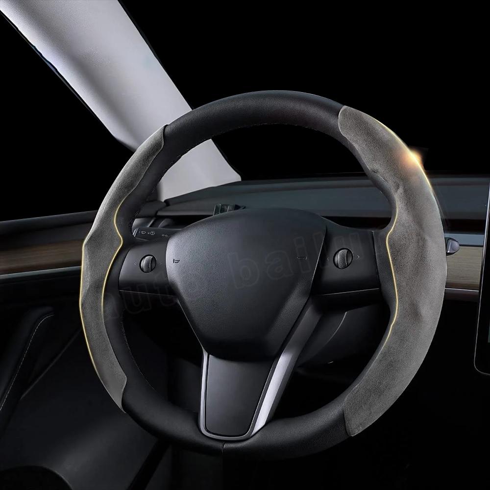 Tesla Suede Steering Wheel Cover All Season Universal Interior Tuning Accessories For Tesla Model 3 Y 2023 2022 -