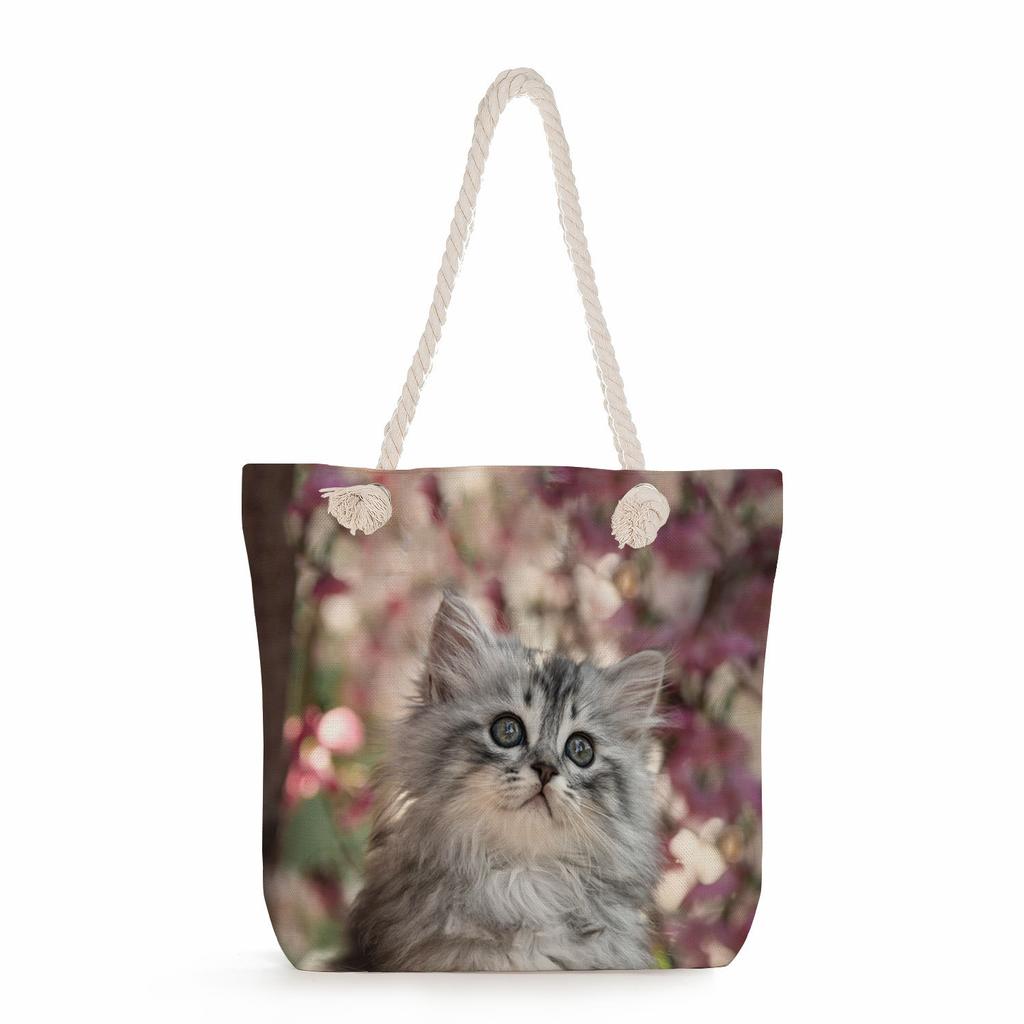Cat print thick rope single-shoulder beach bag 7266 CLE