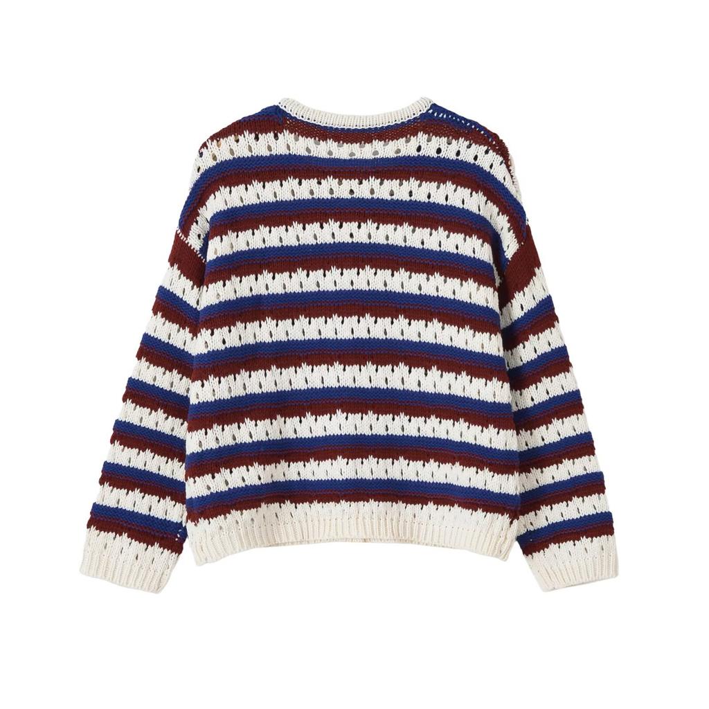 European and American style, new women's clothing, long-sleeved round neck hollow striped knitted jacket 6771022