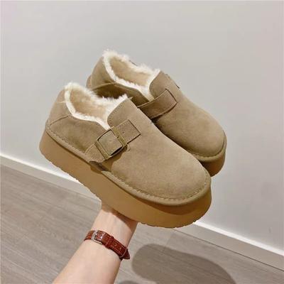 Модные женские мокасины с круглым носком на меху, женские туфли на платформе, зимние туфли на толстой подошве, новое платье, римские флоковые ботинки до середины голени, сплошные зимние ботинки, базовые, средние