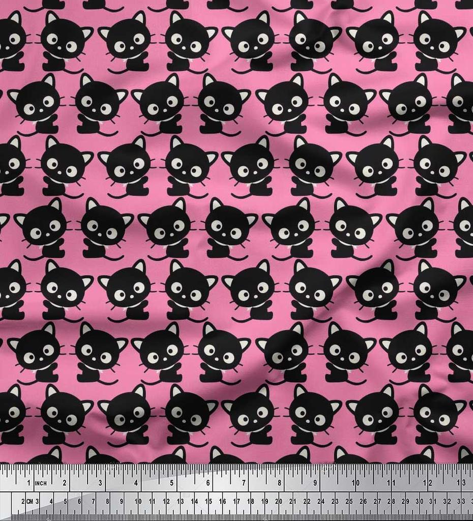 Soimoi Japan Crepe Satin Fabric Cat Cartoon Print Fabric by metre 42 Inch