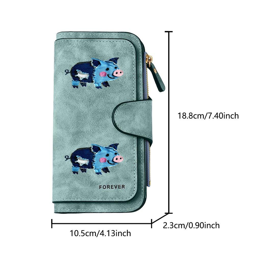Patchwork denim cute pig doll print long wallet multifunctional portable snap button coin purse unisex perfect birthday gift for daily use travel