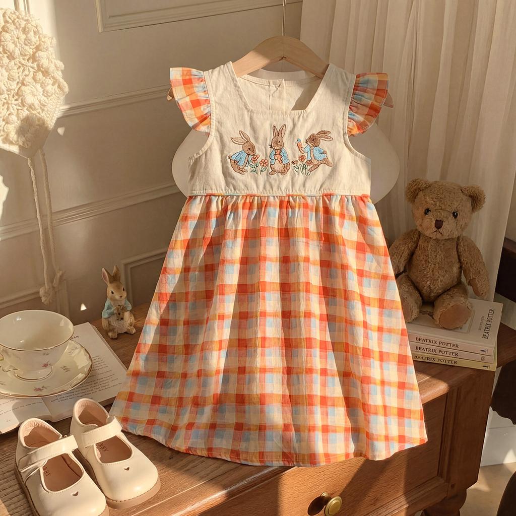 Girls Summer Plaid Dress Cute Embroidered Flutter Sleeve Baby Girl Casual Outdoor Dress For Kids