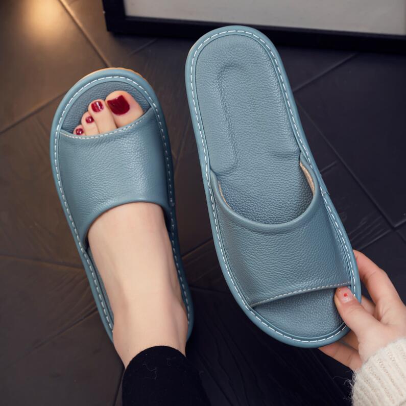 Big Sizes Genuine Cow Leather Slippers Homes In Indoor Slipper Summer Open Toe Sandals Men Women Elderly Casual Slides Shoes