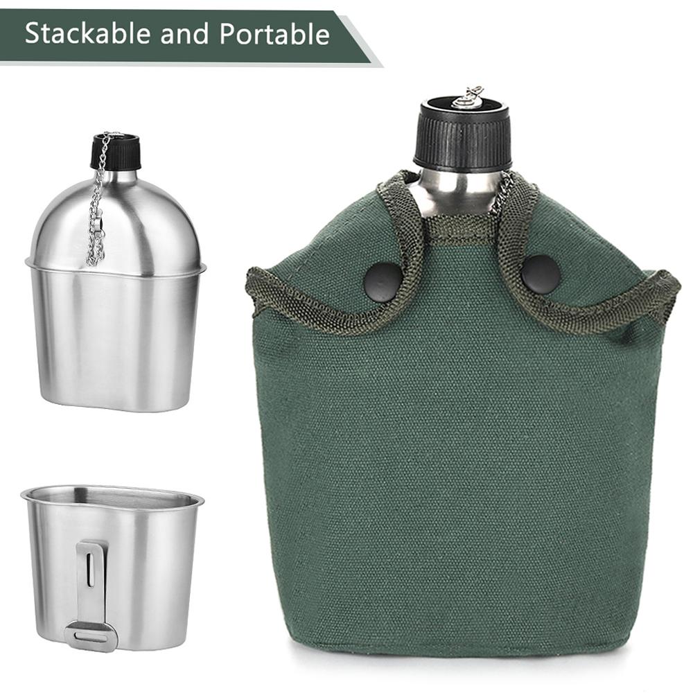 2pcs 1000ml 600ml Stainless Steel Military Canteen Cup Set with Cover Bag for Outdoor Camping Hiking Backpacking