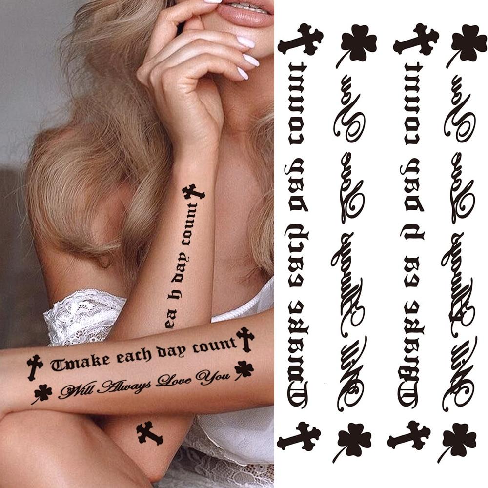 Черное реалистичное поддельное кольцо, временные татуировки для женщин, девушек, стихов, тату с буквами, ЭКГ, клевер, крест, водостойкая тату-наклейка