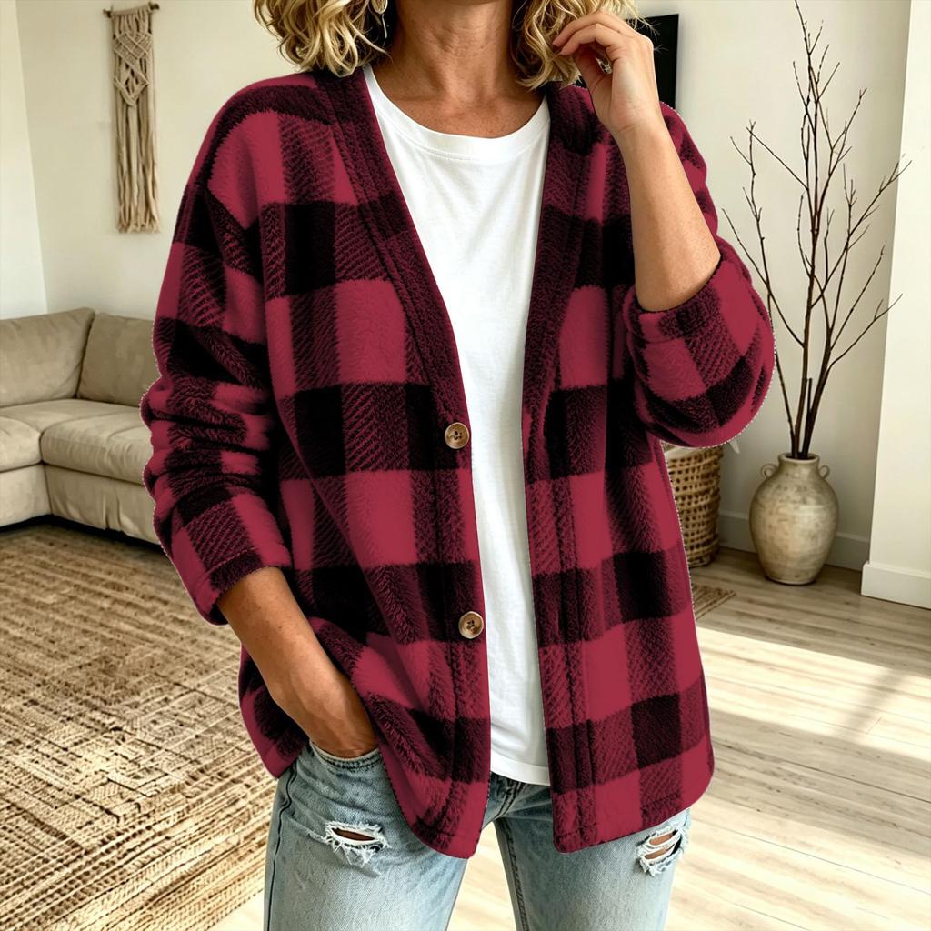 Women's Casual Plaid Cardigan V-Neck Loose Fit Open Front Jacket