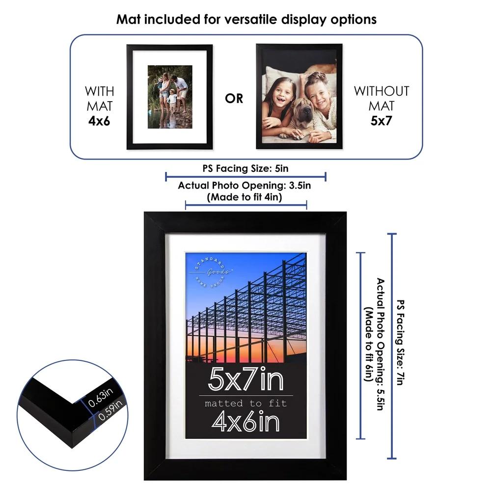 5 Pack 5x7 Matted Picture Frames Tabletop Wall Display Durable Thermoplastic Shatter Resistant Beveled Mat Horizontal Vertical