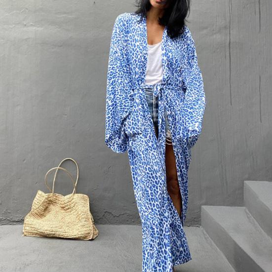 Long Robe Strapless Skin-friendly Blue Vintage Oversize Leopard Pattern Cardigan Shopping