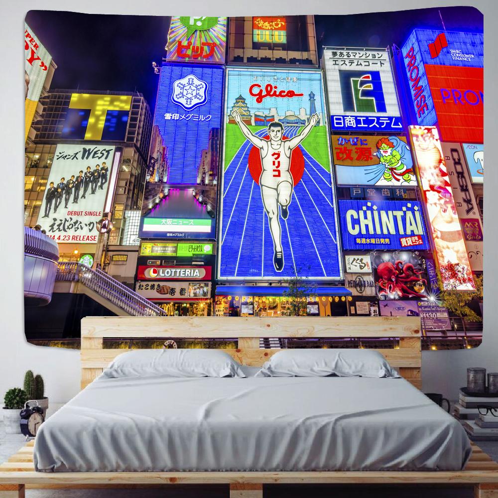 Япония Токио город ночной вид гобелен общежитие покрывало матрас колдовство настенный богемный фон в стиле хиппи Настенный декор